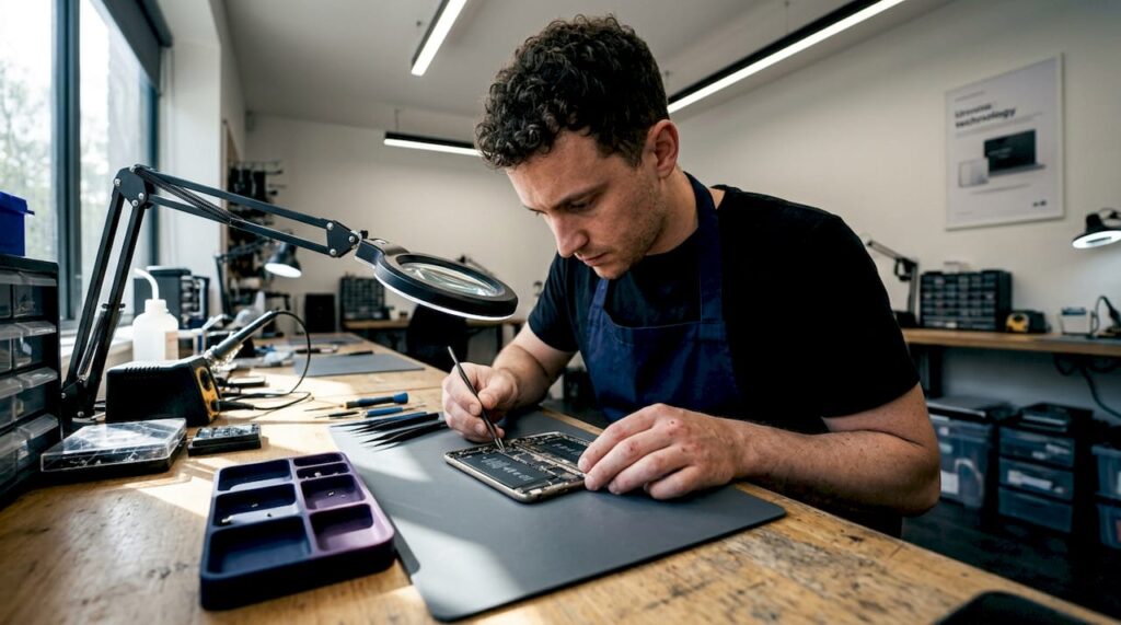 Technician working on activation lock bypass repair